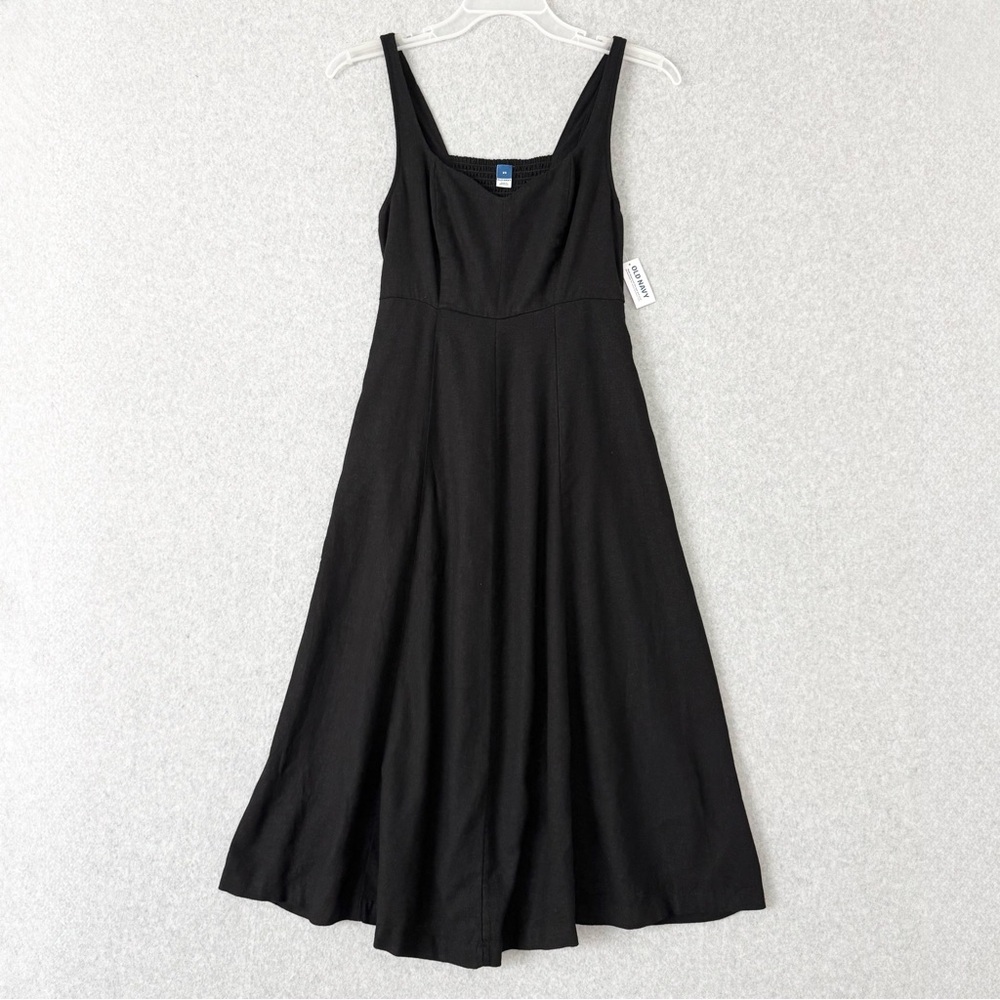 Old Navy Dress Womens XS Black Linen Blend Midi Sleeveless Fit Flare Coastal New